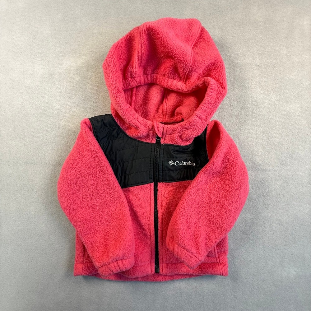 Columbia Kids Pink Black Fleece Full Zip Hooded Jacket 12 Months